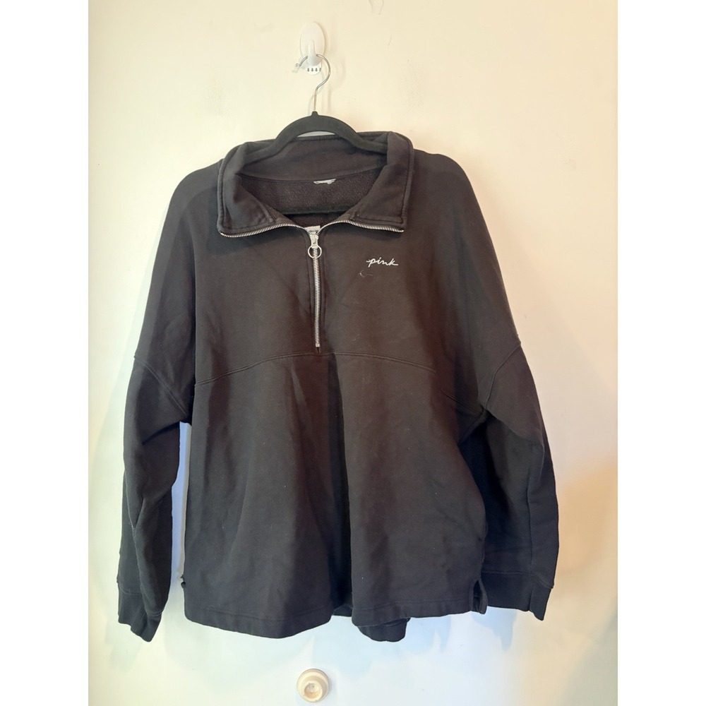 PINK Victoria's Secret Quarter Zip Pullover Sweatshirt Black Oversized Logo Larg - Picture 2 of 5